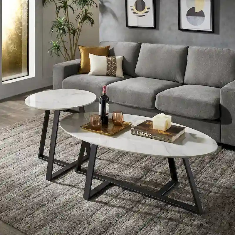 Tables en pierre frittée brillante avec piétement en métal gris
