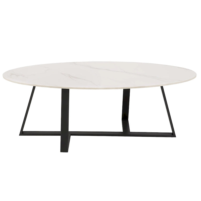 Tables en pierre frittée brillante avec piétement en métal gris