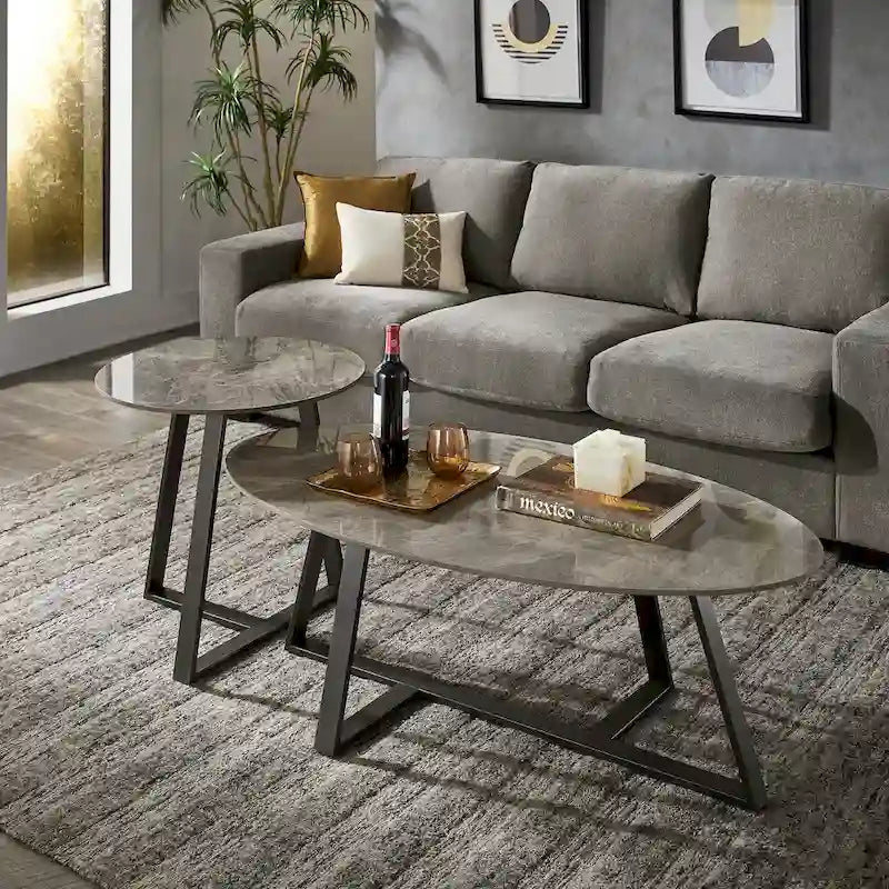 Tables en pierre frittée brillante avec piétement en métal gris