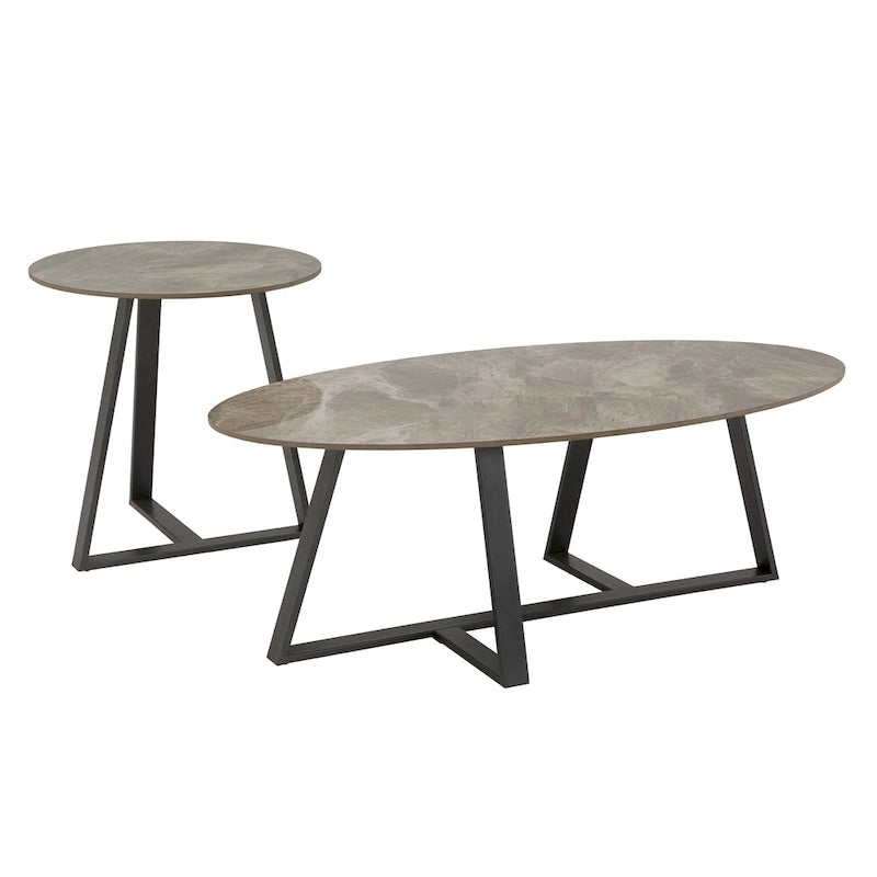 Tables en pierre frittée brillante avec piétement en métal gris