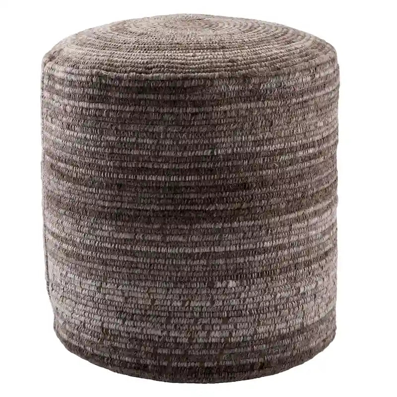 Pouf cylindrique rayé fait à la main, mélange de laine et de polyester avec rembourrage en billes.