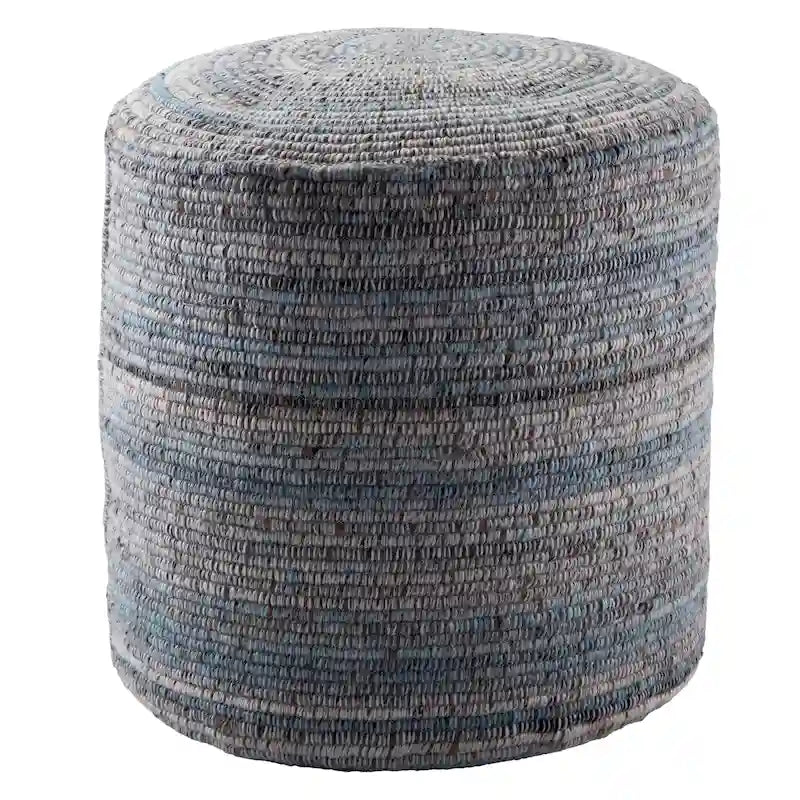 Pouf cylindrique rayé fait à la main, mélange de laine et de polyester avec rembourrage en billes.