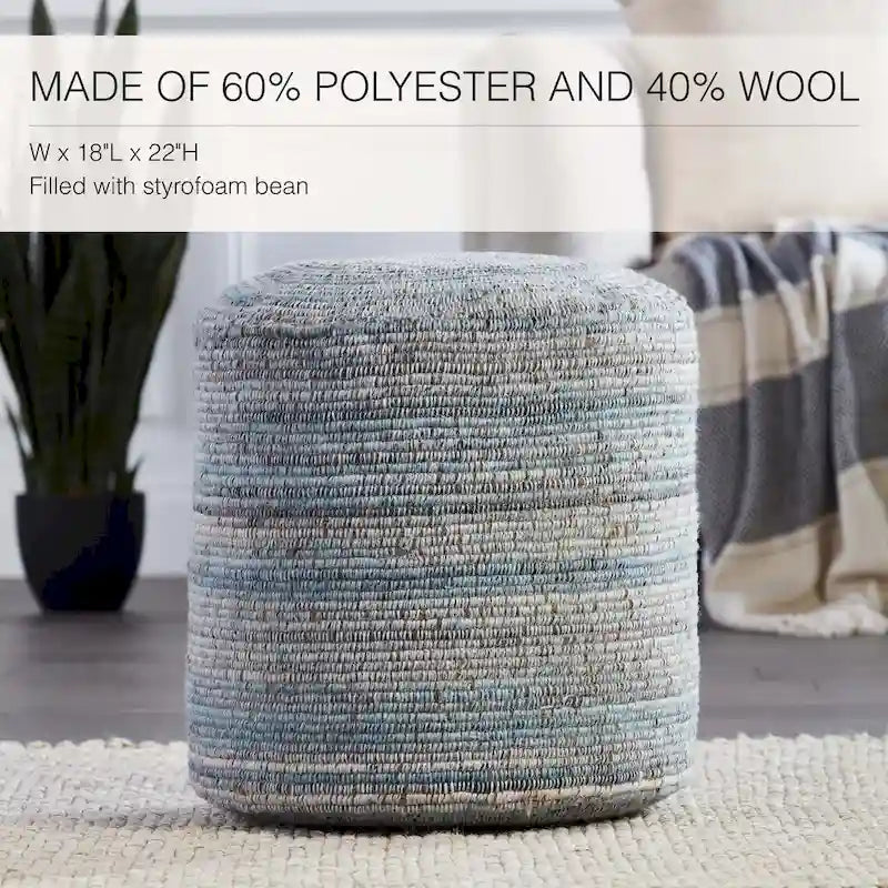 Pouf cylindrique rayé fait à la main, mélange de laine et de polyester avec rembourrage en billes.