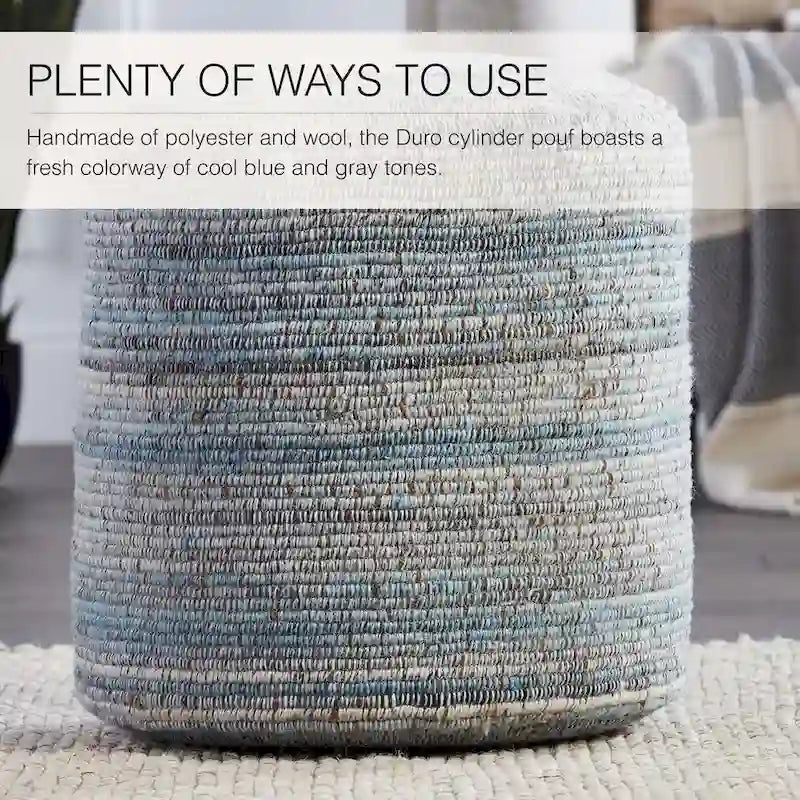 Pouf cylindrique rayé fait à la main, mélange de laine et de polyester avec rembourrage en billes.