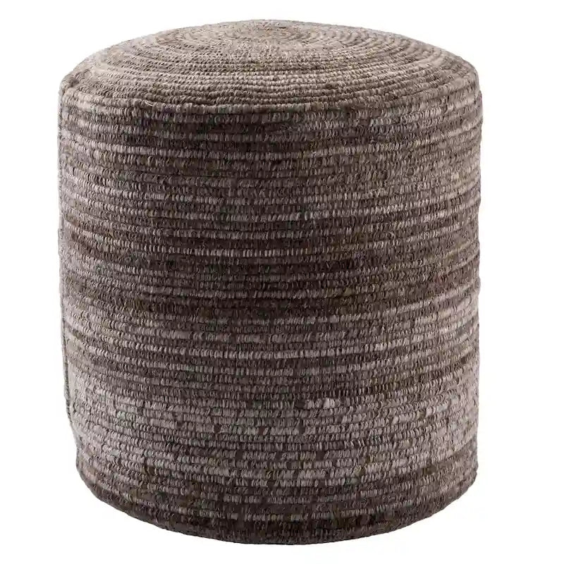 Pouf cylindrique rayé fait à la main, mélange de laine et de polyester avec rembourrage en billes.