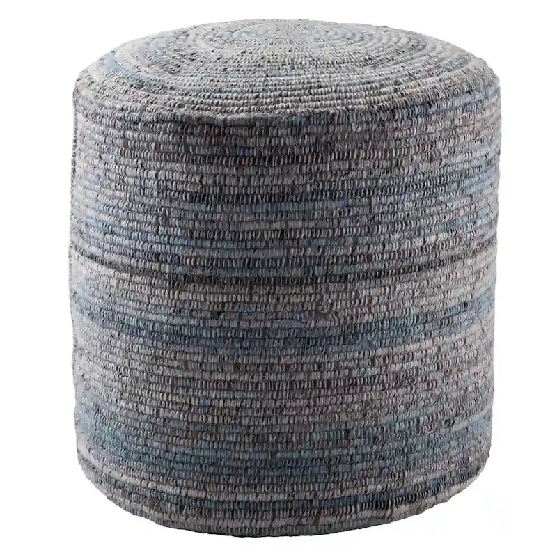 Pouf cylindrique rayé fait à la main, mélange de laine et de polyester avec rembourrage en billes.