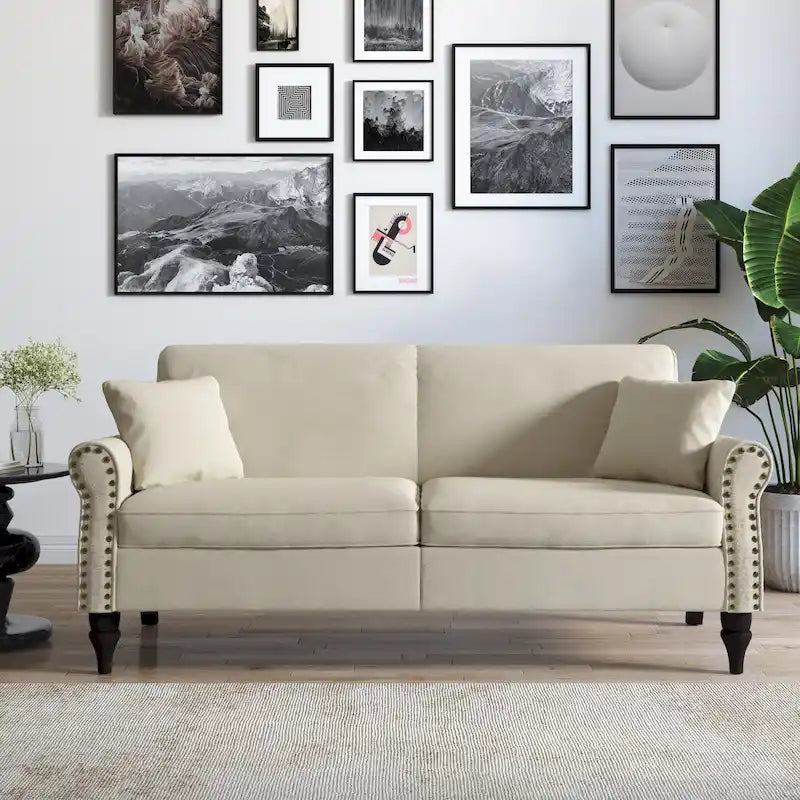 Canapé 73 po avec bras roulés et clous décoratifs, causeuse rembourrée