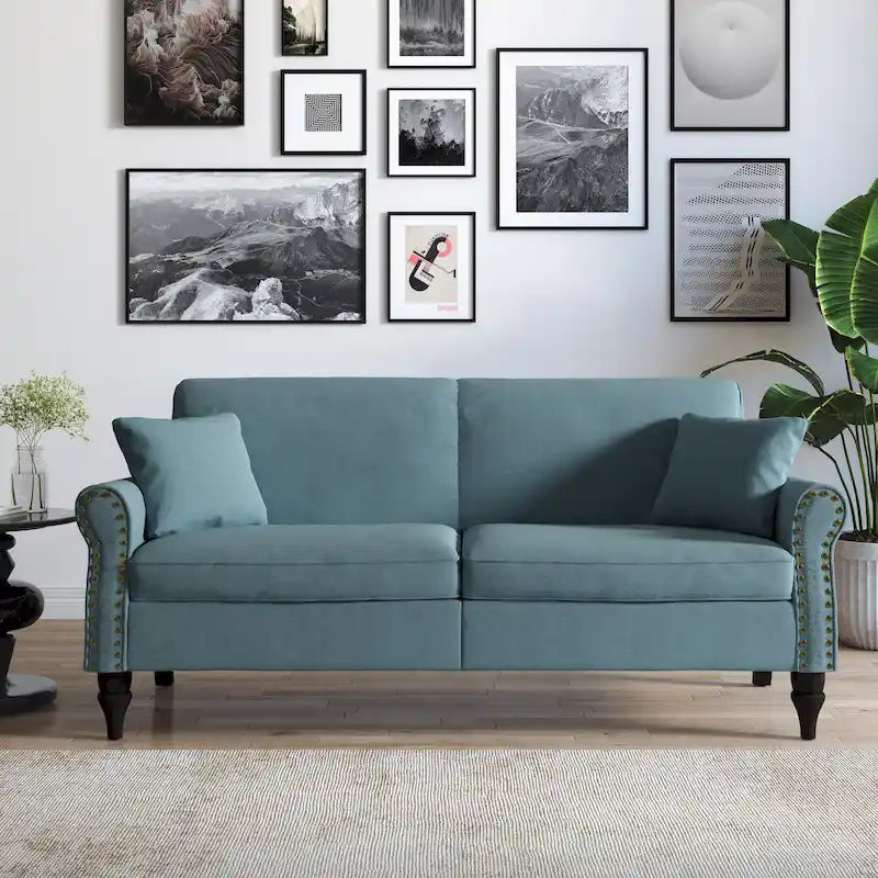 Canapé 73 po avec bras roulés et clous décoratifs, causeuse rembourrée