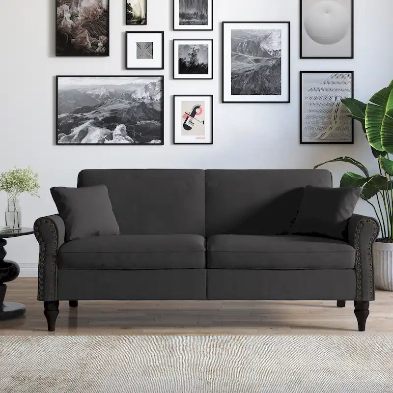 Canapé 73 po avec bras roulés et clous décoratifs, causeuse rembourrée