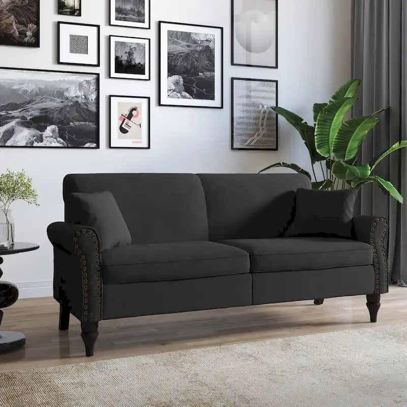Canapé 73 po avec bras roulés et clous décoratifs, causeuse rembourrée