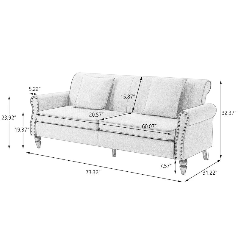 Canapé 73 po avec bras roulés et clous décoratifs, causeuse rembourrée