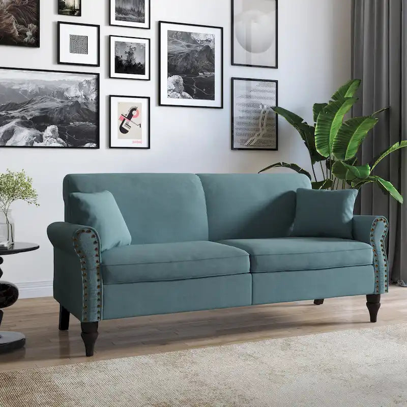 Canapé 73 po avec bras roulés et clous décoratifs, causeuse rembourrée
