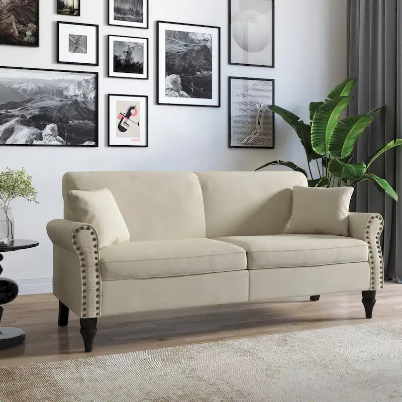 Canapé 73 po avec bras roulés et clous décoratifs, causeuse rembourrée