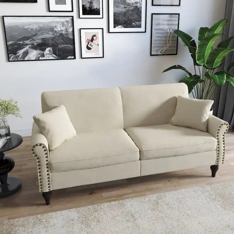 Canapé 73 po avec bras roulés et clous décoratifs, causeuse rembourrée