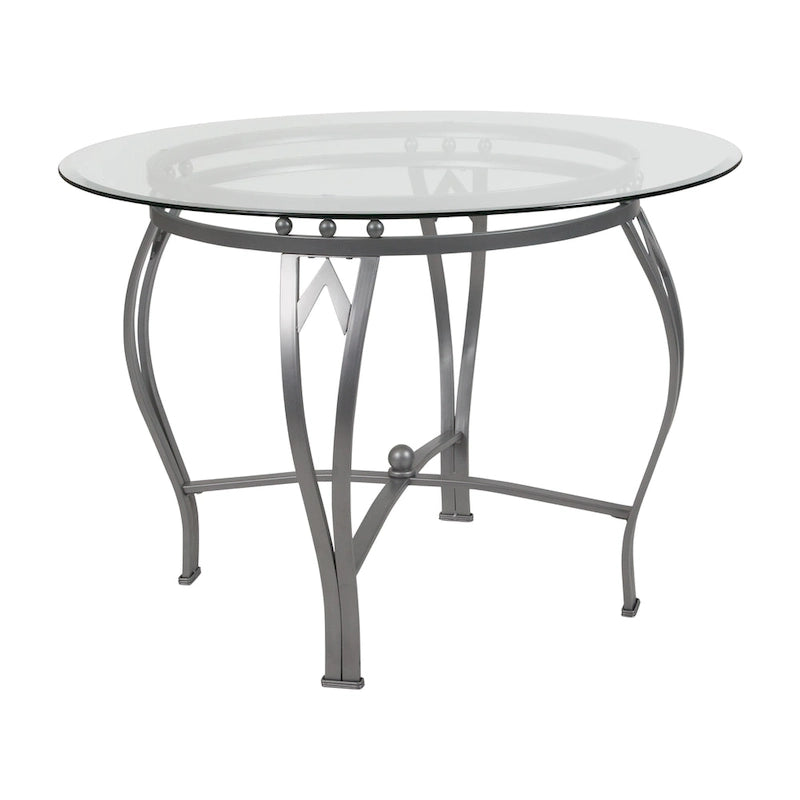 Table à manger ronde en verre de 42 pouces avec piètement métallique courbé