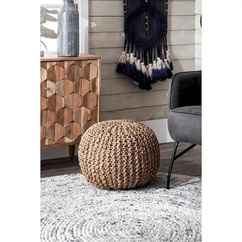 Pouf ottoman classique en jute tricoté uni