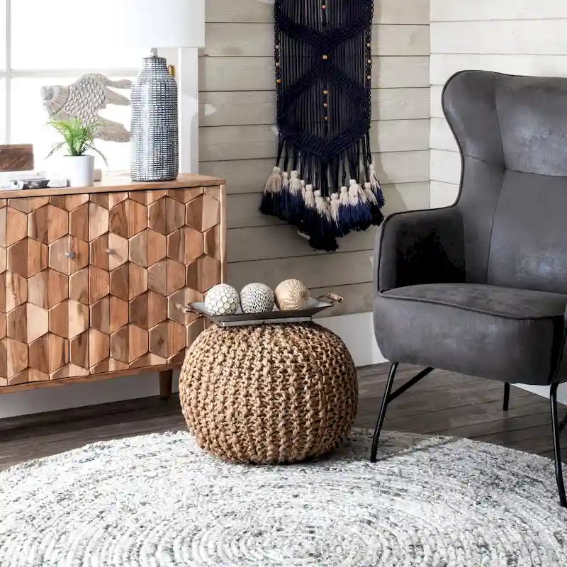 Pouf ottoman classique en jute tricoté uni