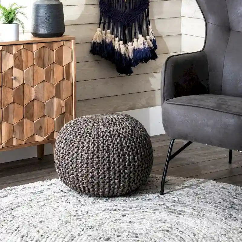 Pouf ottoman classique en jute tricoté uni