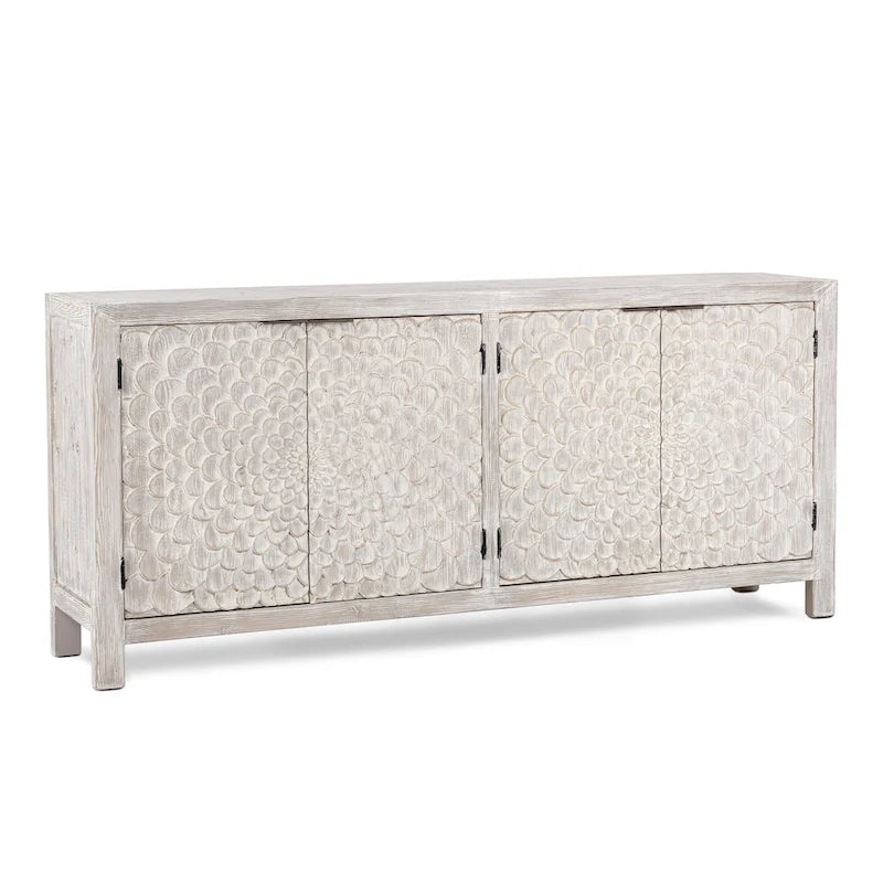 Buffet vintage crème à 4 portes avec portes sculptées à la main et rangement en pin recyclé