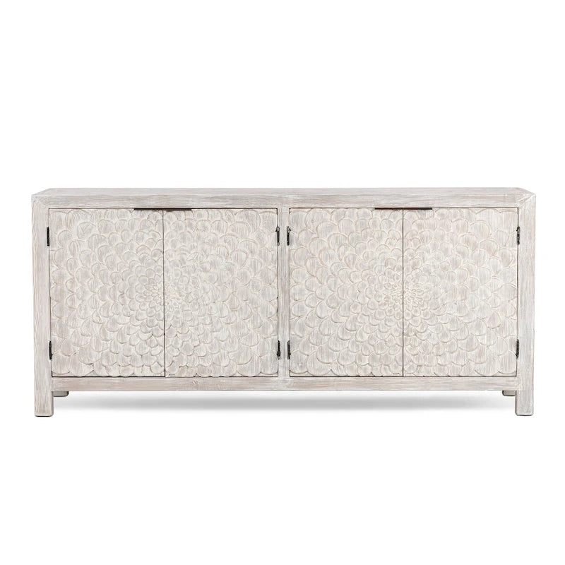 Buffet vintage crème à 4 portes avec portes sculptées à la main et rangement en pin recyclé