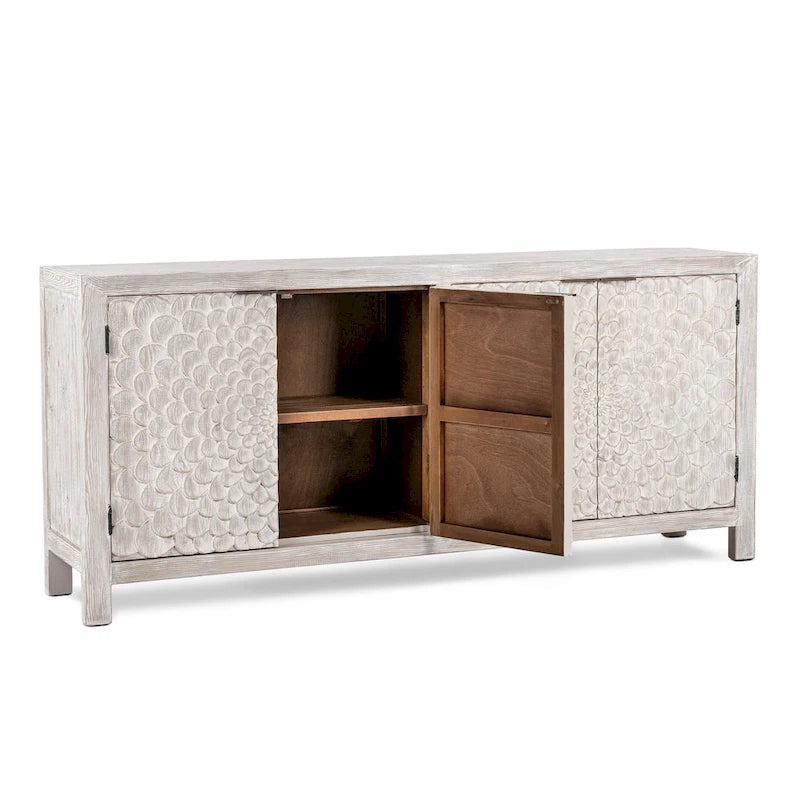 Buffet vintage crème à 4 portes avec portes sculptées à la main et rangement en pin recyclé