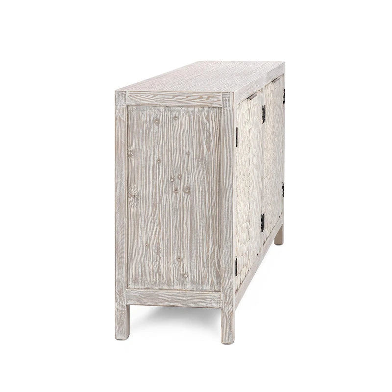 Buffet vintage crème à 4 portes avec portes sculptées à la main et rangement en pin recyclé