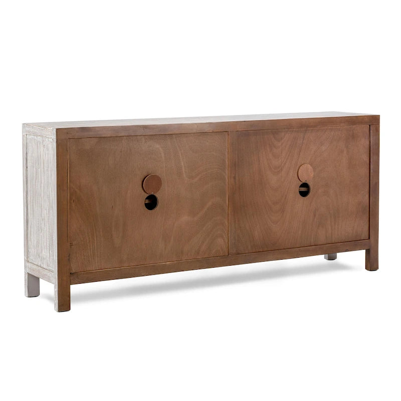 Buffet vintage crème à 4 portes avec portes sculptées à la main et rangement en pin recyclé