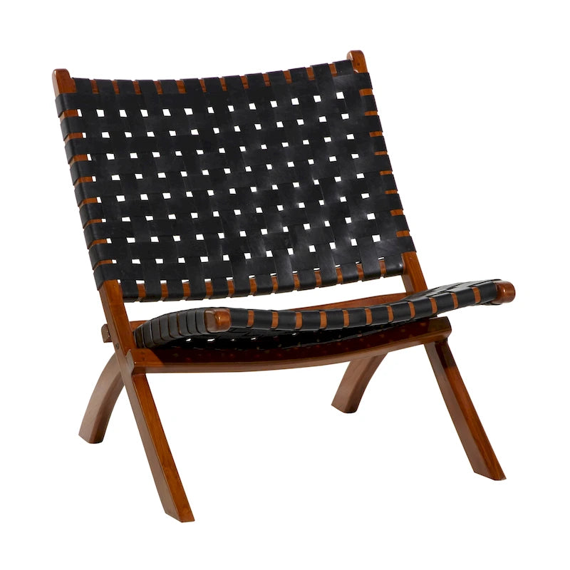 Chaise pliante tressée en cuir avec cadre en bois marron - Noir ou marron