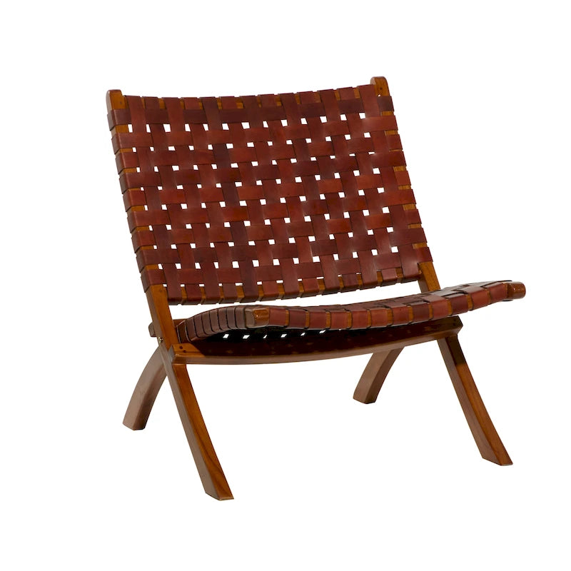 Chaise pliante tressée en cuir avec cadre en bois marron - Noir ou marron