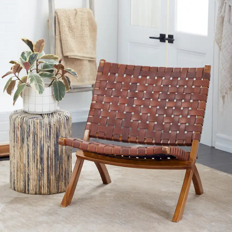 Chaise pliante tressée en cuir avec cadre en bois marron - Noir ou marron