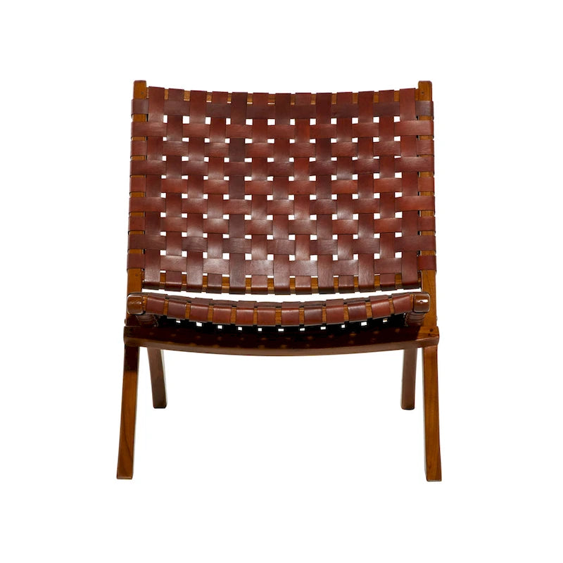 Chaise pliante tressée en cuir avec cadre en bois marron - Noir ou marron
