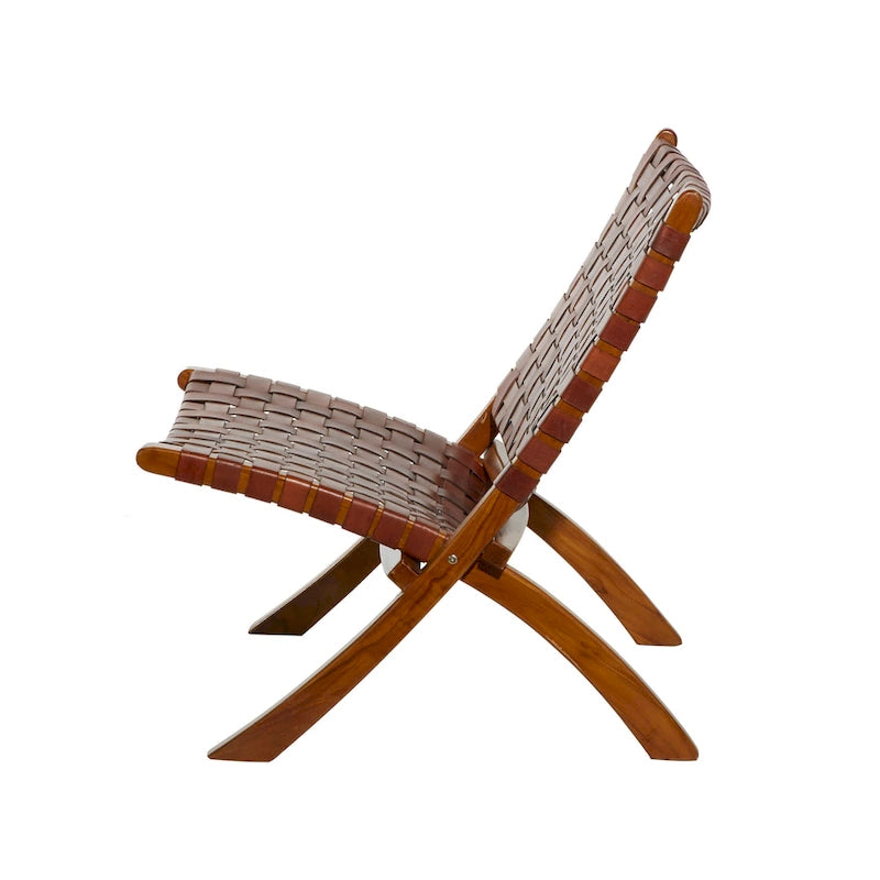 Chaise pliante tressée en cuir avec cadre en bois marron - Noir ou marron
