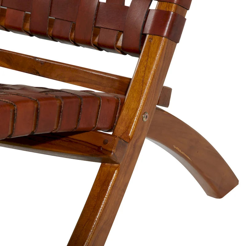 Chaise pliante tressée en cuir avec cadre en bois marron - Noir ou marron