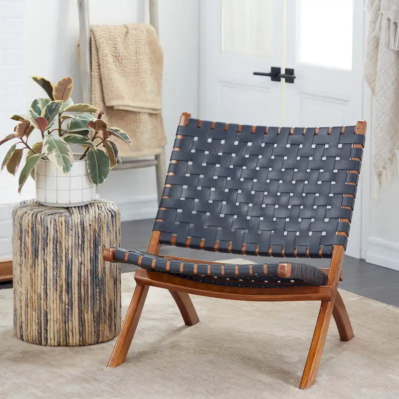 Chaise pliante tressée en cuir avec cadre en bois marron - Noir ou marron
