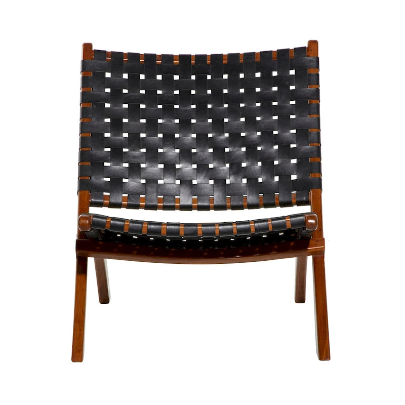 Chaise pliante tressée en cuir avec cadre en bois marron - Noir ou marron