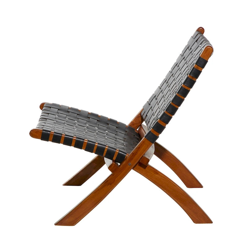 Chaise pliante tressée en cuir avec cadre en bois marron - Noir ou marron
