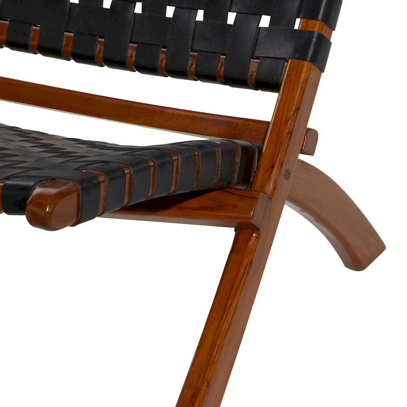 Chaise pliante tressée en cuir avec cadre en bois marron - Noir ou marron