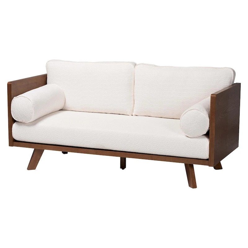 Canapé en tissu Boucle avec ressorts ensachés et pieds en noyer, style Mid-Century Modern