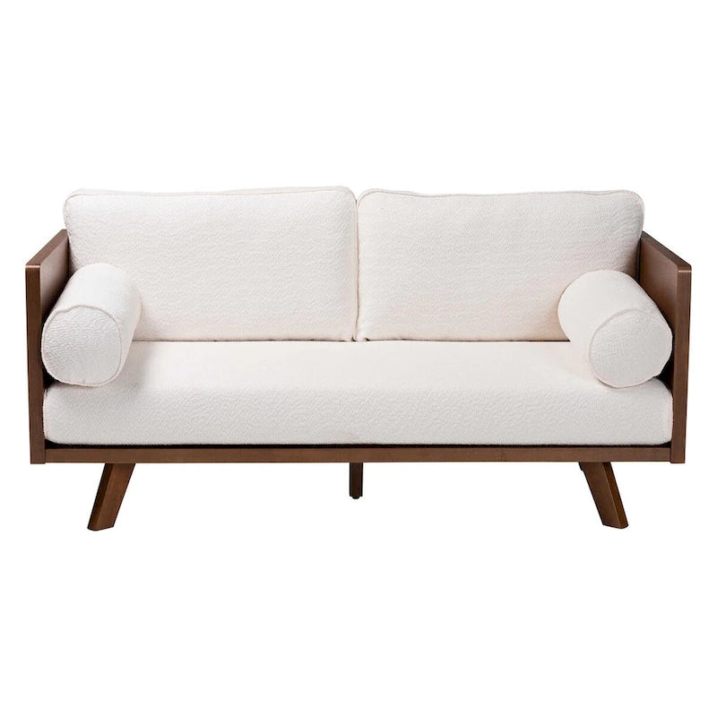 Canapé en tissu Boucle avec ressorts ensachés et pieds en noyer, style Mid-Century Modern