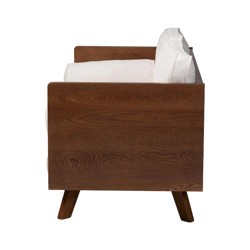 Canapé en tissu Boucle avec ressorts ensachés et pieds en noyer, style Mid-Century Modern