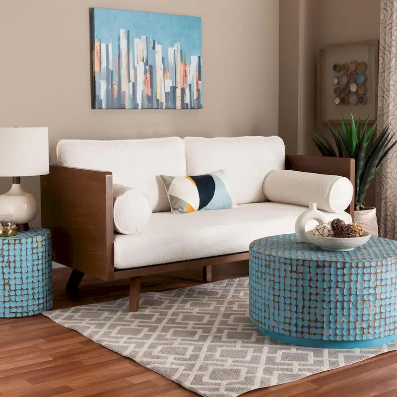 Canapé en tissu Boucle avec ressorts ensachés et pieds en noyer, style Mid-Century Modern