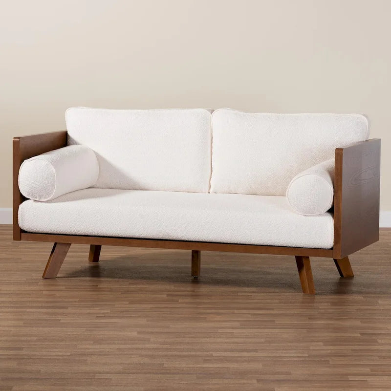 Canapé en tissu Boucle avec ressorts ensachés et pieds en noyer, style Mid-Century Modern