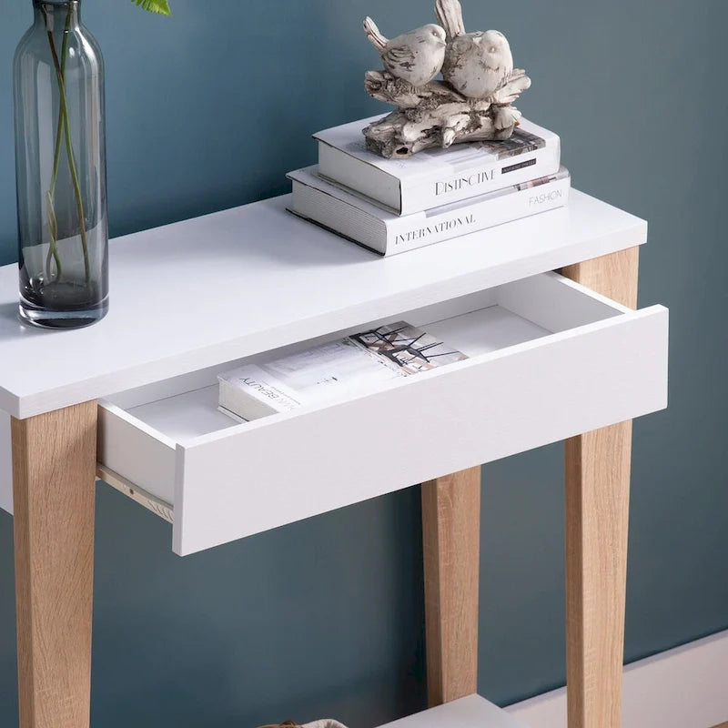 Console moderne bicolore à deux étagères - blanc et beige
