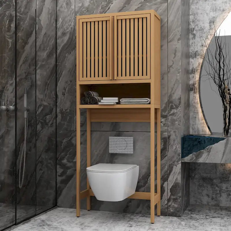 Meuble de rangement pour toilettes en bambou avec étagère et portes doubles