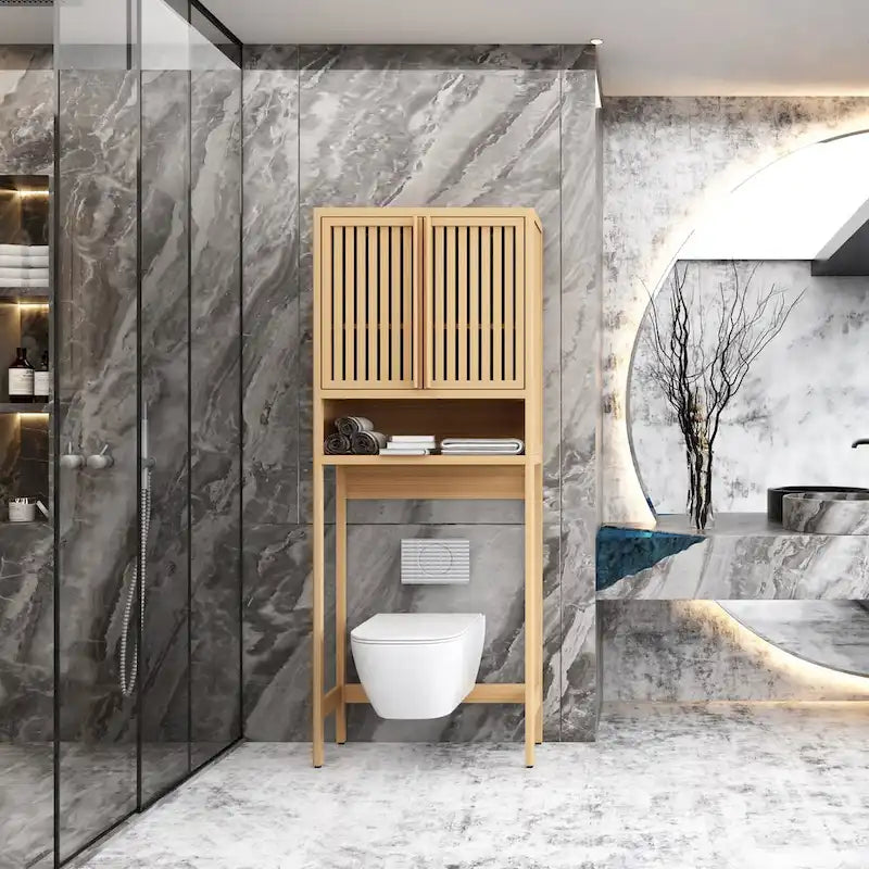 Meuble de rangement pour toilettes en bambou avec étagère et portes doubles
