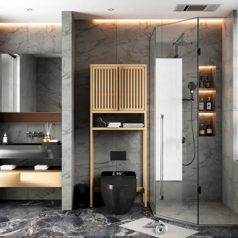 Meuble de rangement pour toilettes en bambou avec étagère et portes doubles