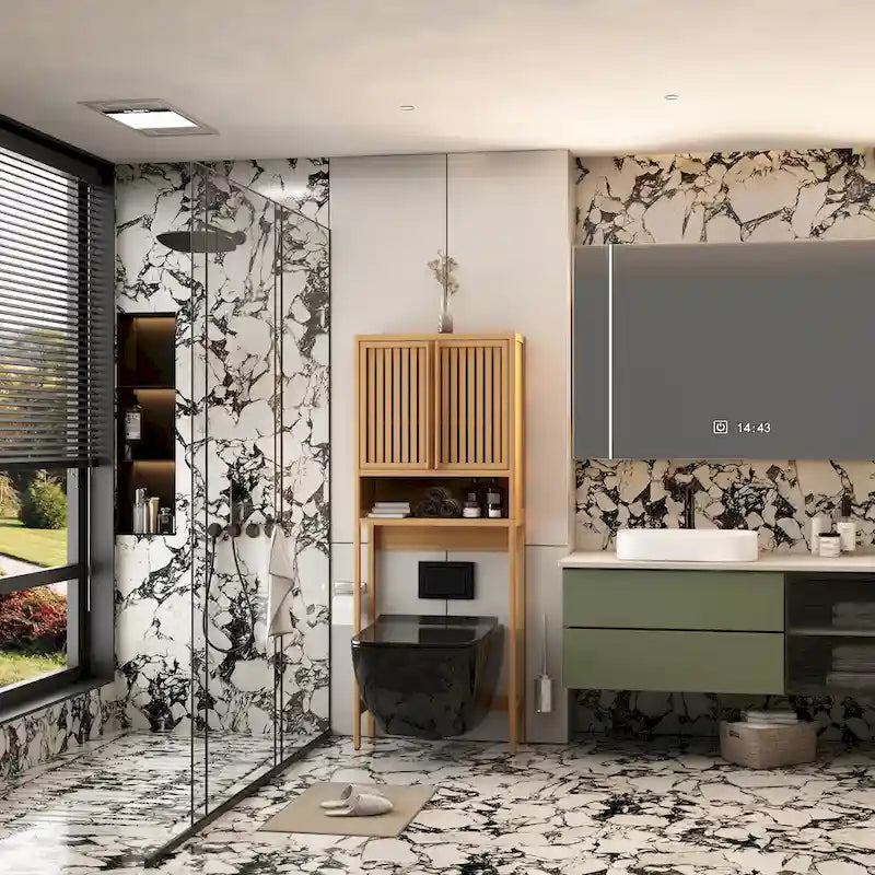 Meuble de rangement pour toilettes en bambou avec étagère et portes doubles