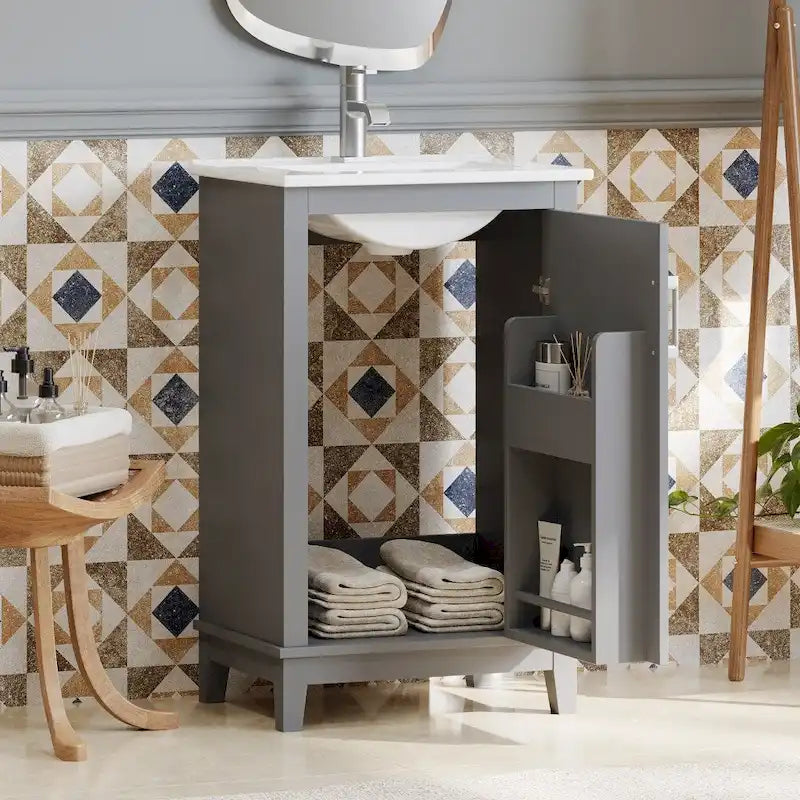 Meuble-lavabo moderne de 20 pouces pour petite salle de bain avec vasque en céramique
