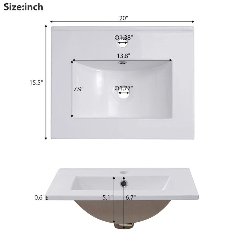 Meuble-lavabo moderne de 20 pouces pour petite salle de bain avec vasque en céramique