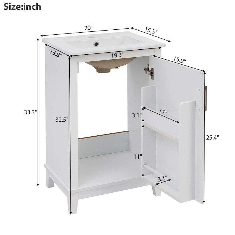 Meuble-lavabo moderne de 20 pouces pour petite salle de bain avec vasque en céramique